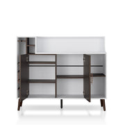 Front-facing white and wenge mid-century modern wine bar cabinet against a white background. A double-door cabinet is opened to reveal 5 interior shelves; 3 of which are adjustable.