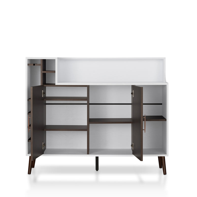 Front-facing white and wenge mid-century modern wine bar cabinet against a white background. A double-door cabinet is opened to reveal 5 interior shelves; 3 of which are adjustable.