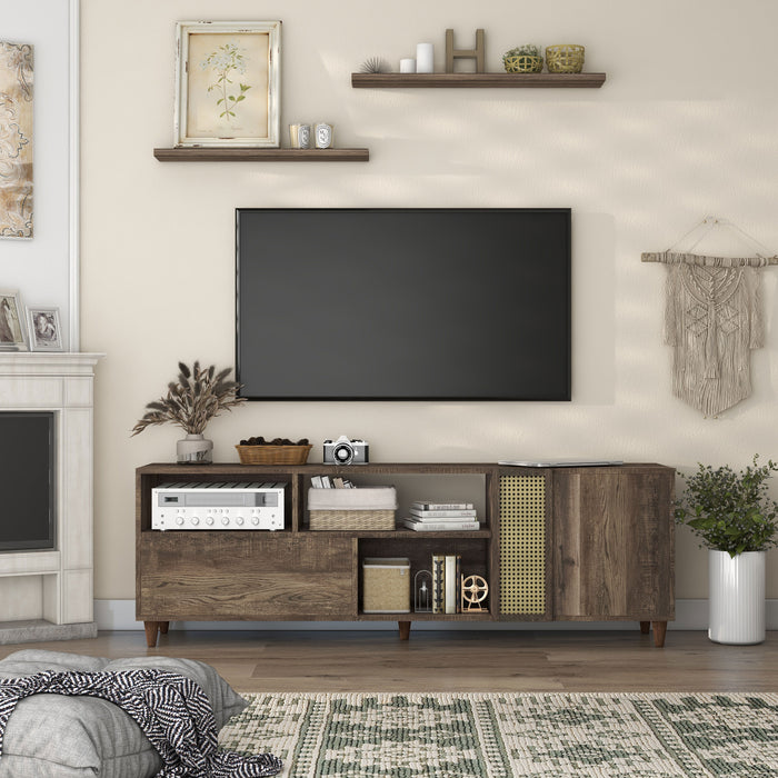 Front-facing rustic three-shelf TV stand in reclaimed oak in a living room with accessories