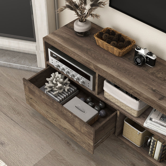 Left angled top view close up rustic three-shelf TV stand in reclaimed oak with drawer open in a living room with accessories