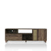 Front-facing rustic three-shelf TV stand in reclaimed oak with tapered legs on a white background