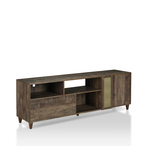 Right angled rustic three-shelf TV stand in reclaimed oak on a white background
