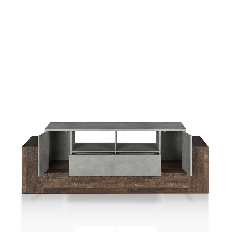 Front-facing rustic faux concrete and reclaimed oak TV stand with doors and drawers open on a white background