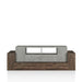 Front-facing rustic faux concrete and reclaimed oak TV stand on a white background