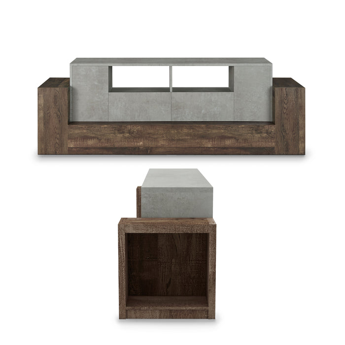 Dual view front-facing rustic faux concrete and reclaimed oak TV stand on a white background with close up side view of open shelf