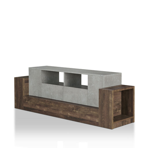 Left angled rustic faux concrete and reclaimed oak TV stand on a white background