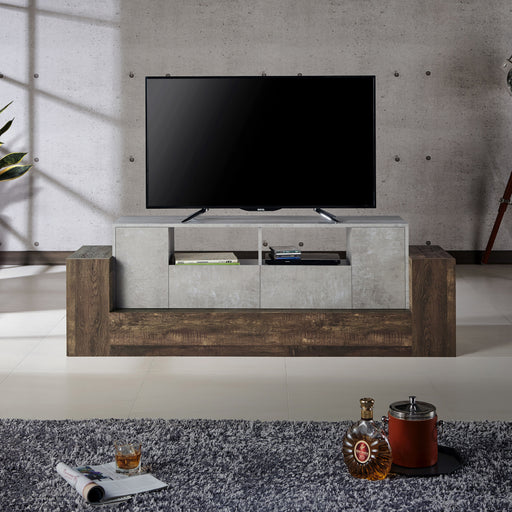 Front-facing rustic faux concrete and reclaimed oak TV stand in a living room with accessories