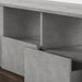 Left angled close up rustic faux concrete and reclaimed oak TV stand with drawers open on a white background