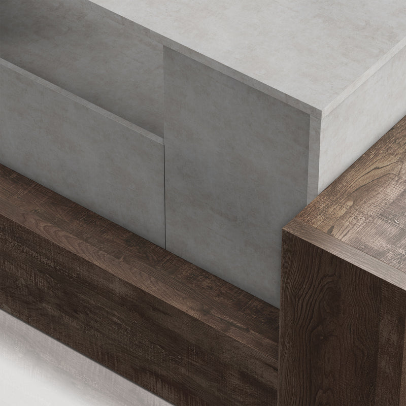 Left angled top view close up rustic faux concrete and reclaimed oak TV stand corner on a white background