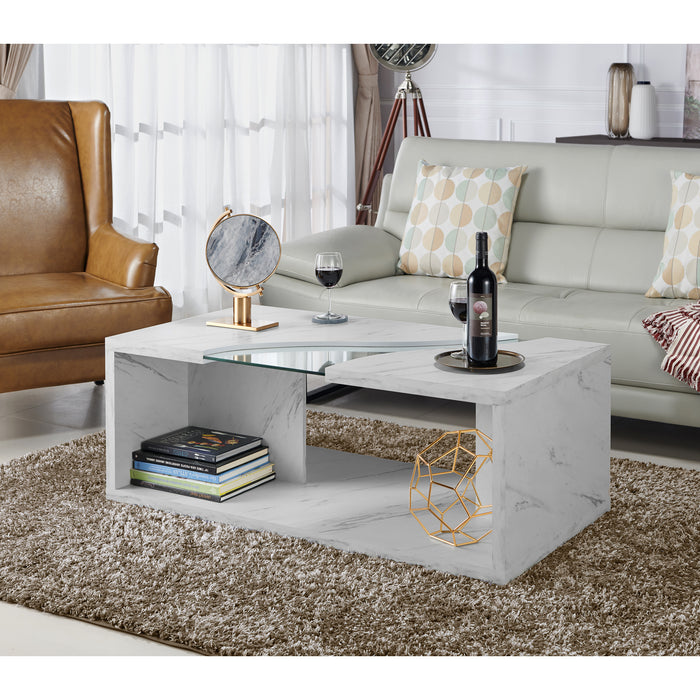 Pendergast White Faux Marble and Glass Insert Flat Base Coffee Table