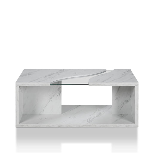 Pendergast White?Faux Marble and Glass Insert Flat Base Coffee Table