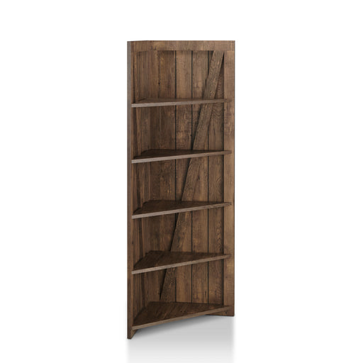Right angled rustic reclaimed oak five-shelf corner bookcase on a white background