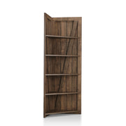 Right angled rustic reclaimed oak five-shelf corner bookcase on a white background