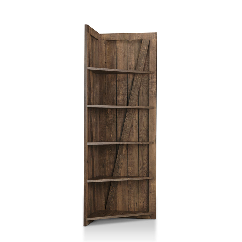 Right angled rustic reclaimed oak five-shelf corner bookcase on a white background