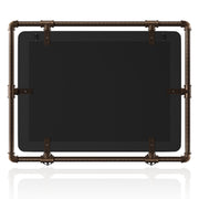The backside of an industrial wood and pipe frame horizontal mirror on white background.