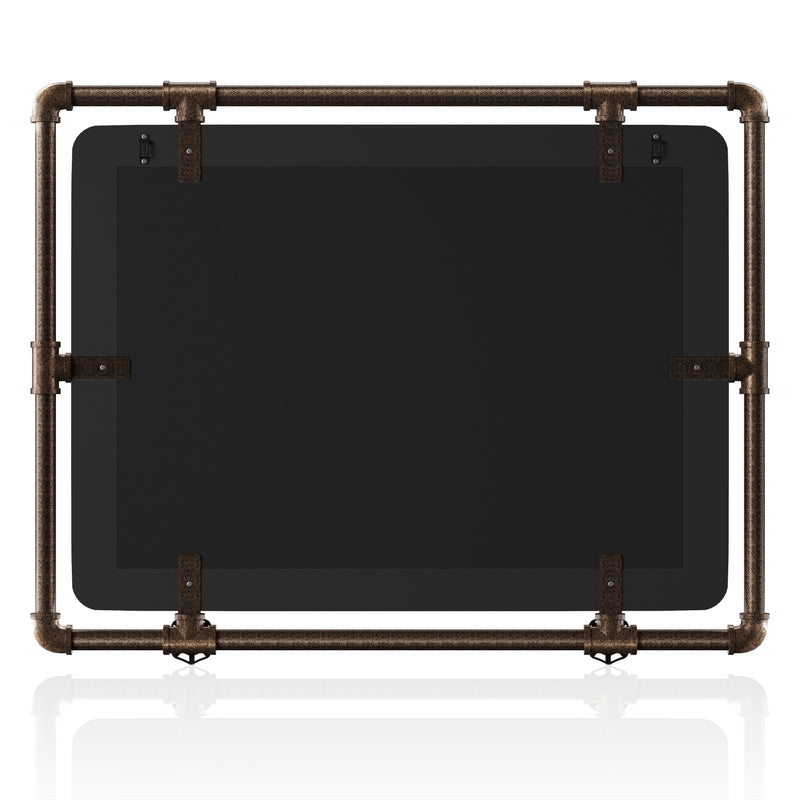 The backside of an industrial wood and pipe frame horizontal mirror on white background.