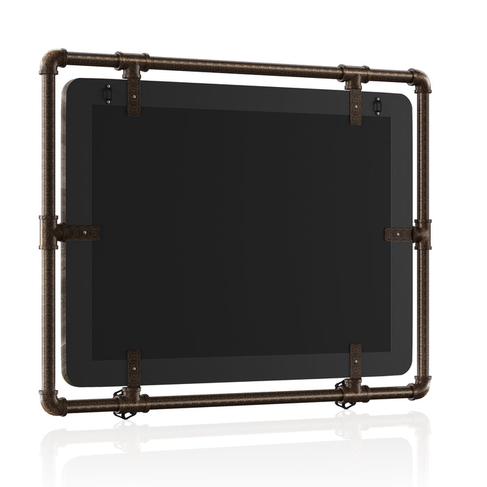 Angled backside of an industrial wood and pipe frame horizontal mirror on white background.