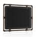 Angled backside of an industrial wood and pipe frame horizontal mirror on white background.