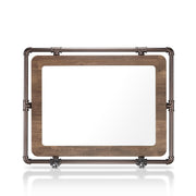Front-facing industrial reclaimed oak rectangular mirror on white background