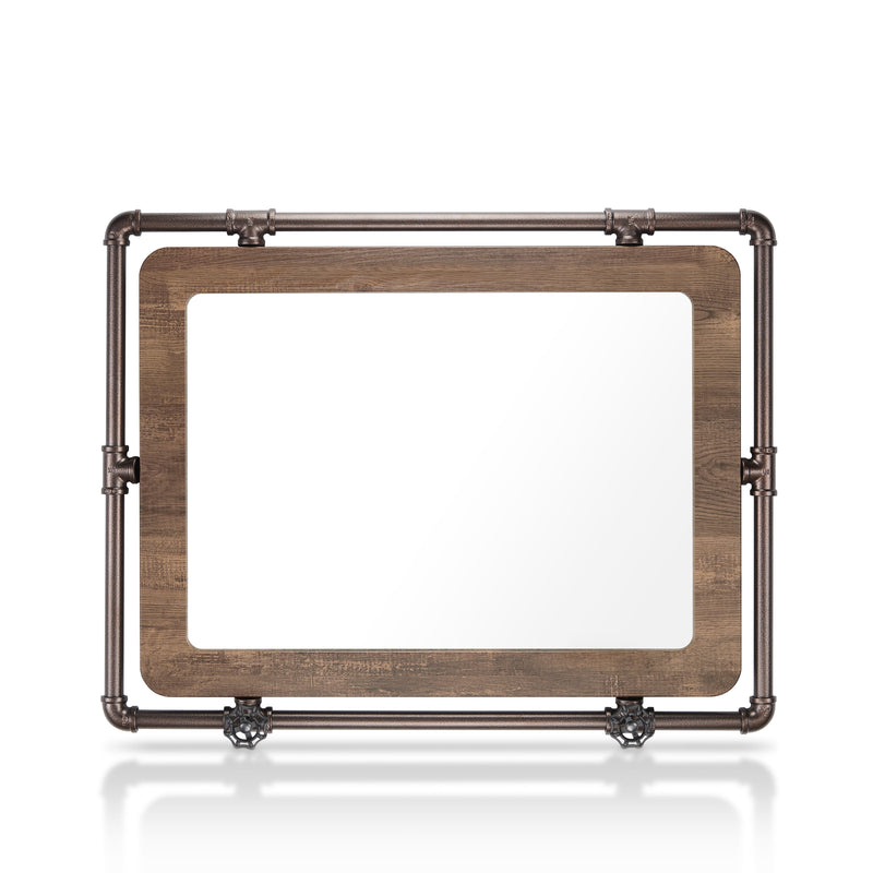 Front-facing industrial reclaimed oak rectangular mirror on white background