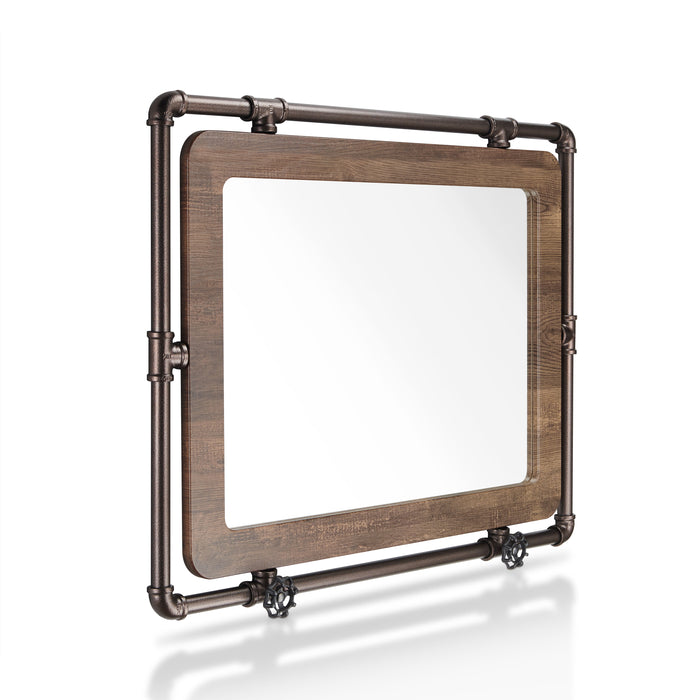 Right-angled industrial reclaimed oak rectangular mirror on white background