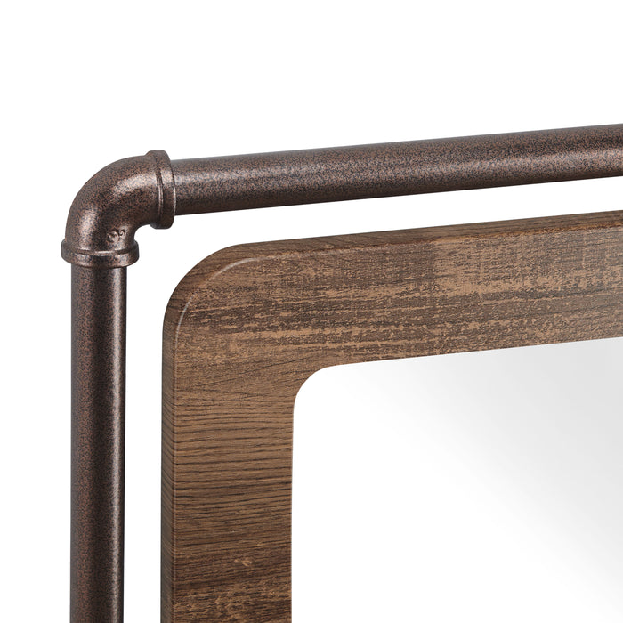 Detailed shot of industrial wood and pipe frame wall mirror on white background.