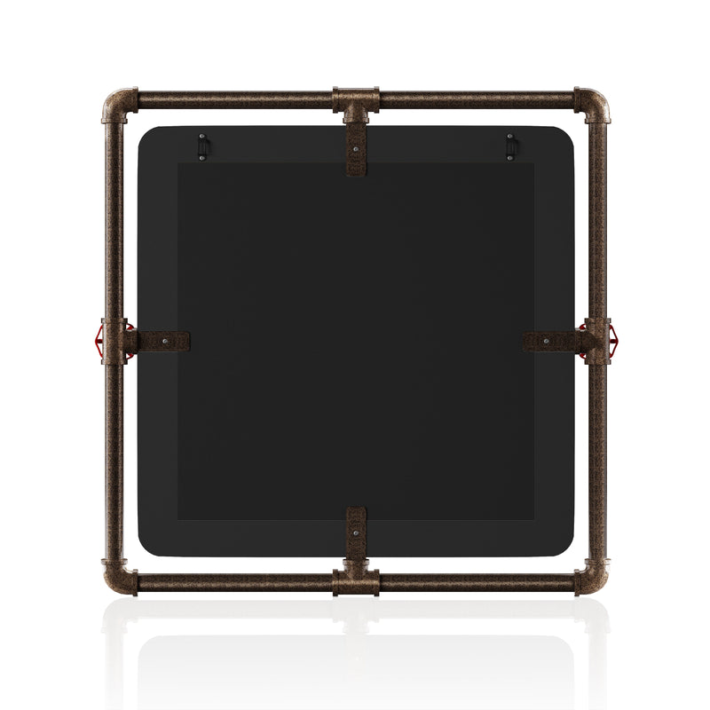 The backside of an industrial square mirror on white background.