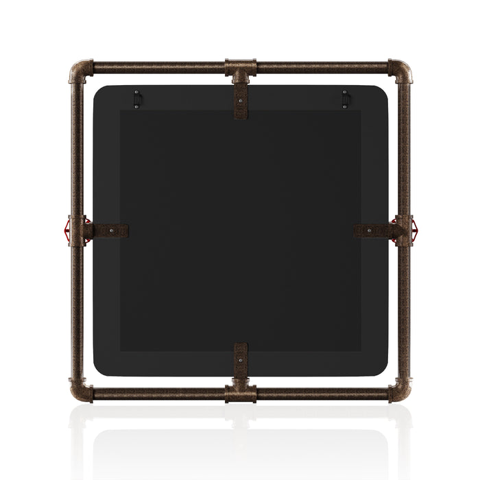 The backside of an industrial square mirror on white background.