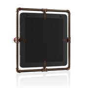 Angled backside of an industrial square mirror on white background.