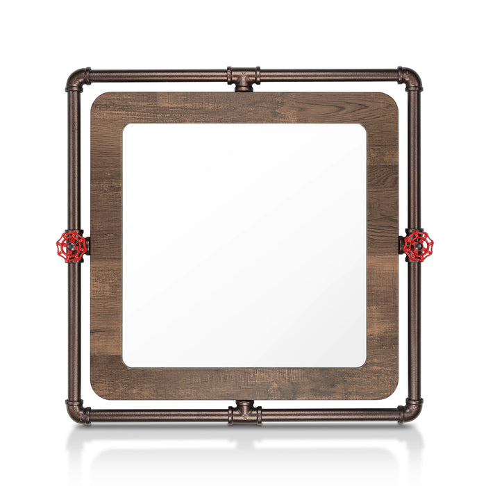 Front-facing industrial reclaimed oak square mirror on white background