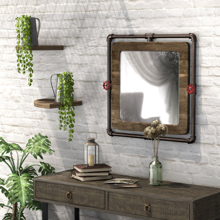Left-angled industrial wood and pipe frame wall mirror with red accents over a console in a contemporary living space
