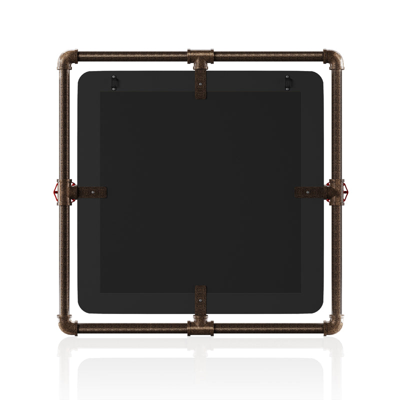 The backside of an industrial square mirror on white background.
