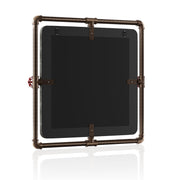 Angled backside of an industrial square mirror on white background.