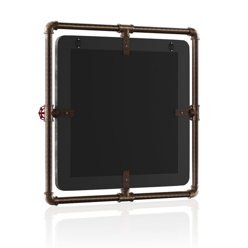 Angled backside of an industrial square mirror on white background.