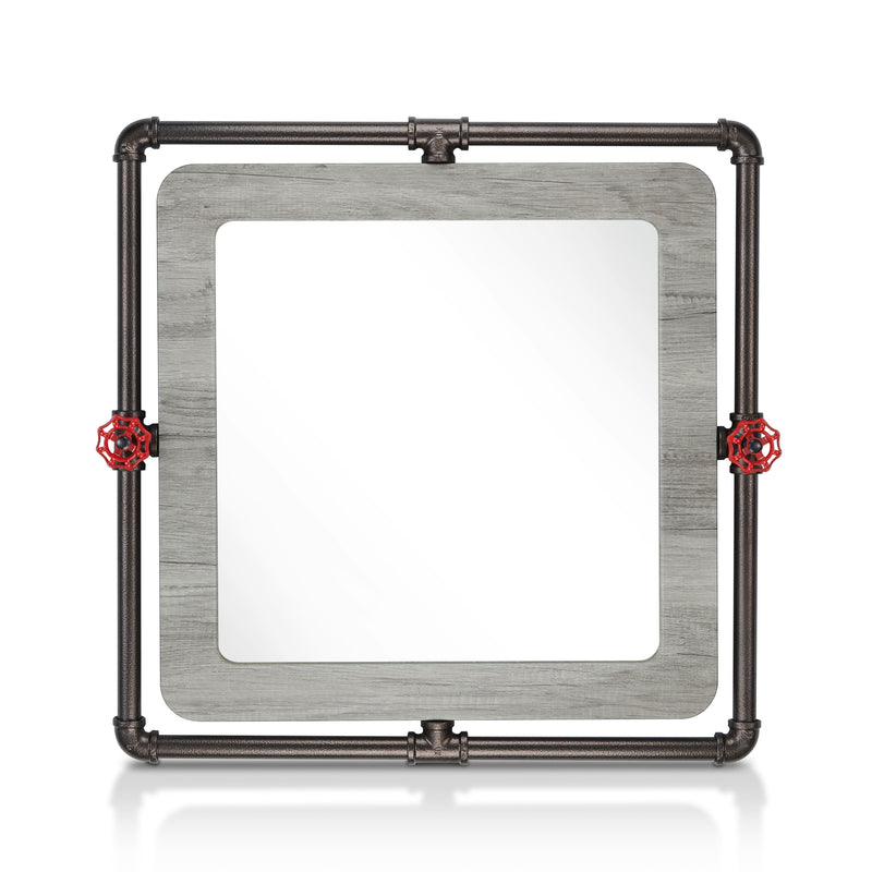 Front-facing industrial vintage grey oak square mirror on white background