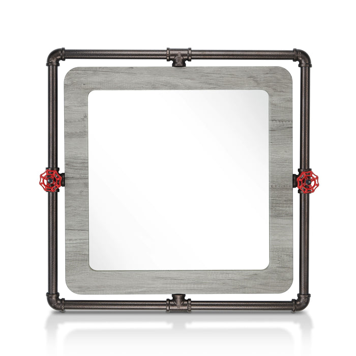 Front-facing industrial vintage grey oak square mirror on white background