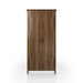 Front-facing tall, distressed walnut wardrobe cabinet with two doors on a white background