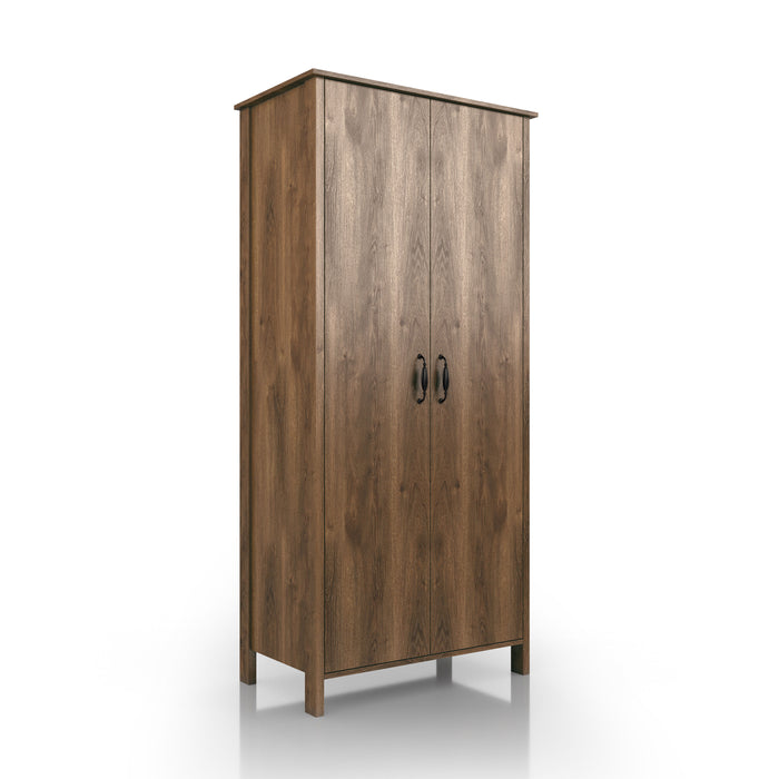 Right-angled tall, distressed walnut wardrobe cabinet with two doors on a white background