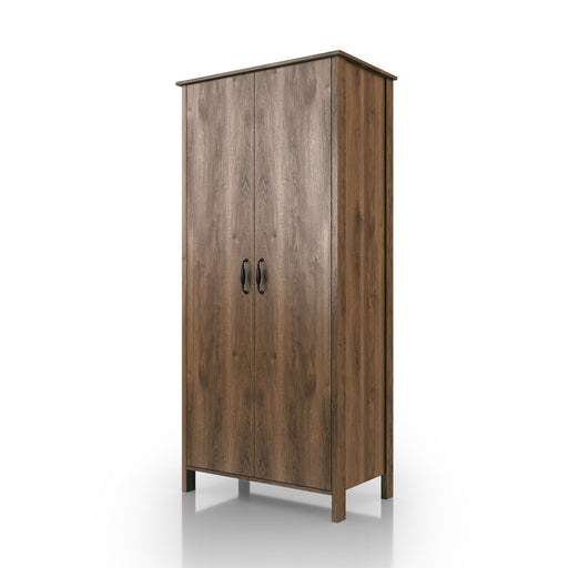 Left-angled tall, distressed walnut wardrobe cabinet with two doors on a white background