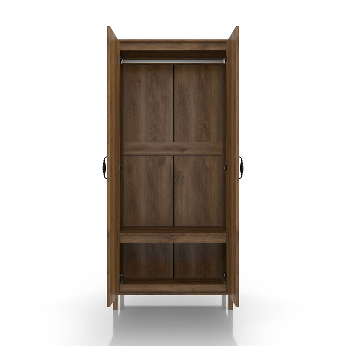 Front-facing tall, distressed walnut wardrobe cabinet with two open doors and interior storage on a white background