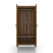 Front-facing tall, distressed walnut wardrobe cabinet with two open doors and interior storage on a white background