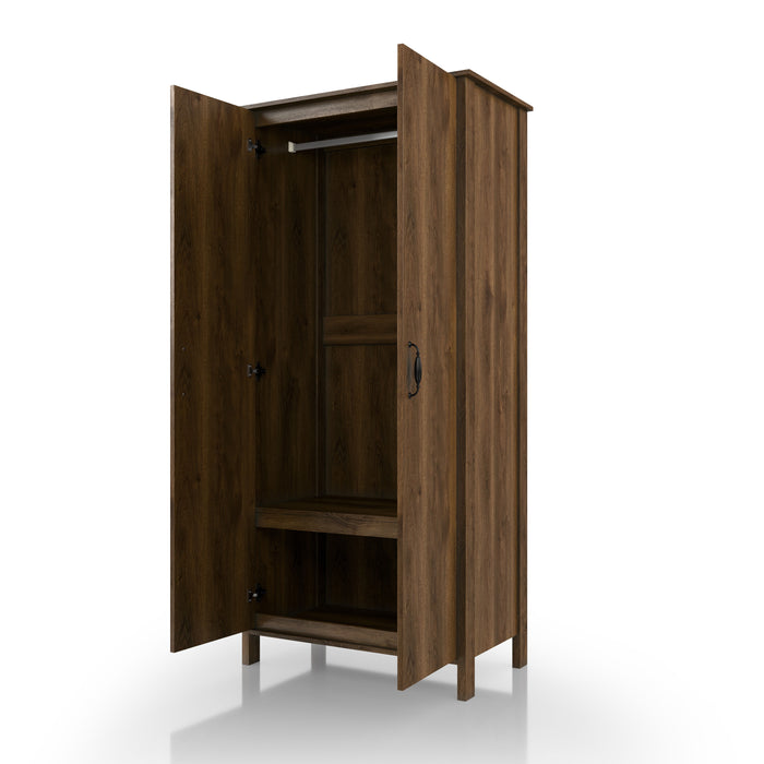 Left-angled tall, distressed walnut wardrobe cabinet with two open doors and interior storage on a white background