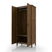 Left-angled tall, distressed walnut wardrobe cabinet with two open doors and interior storage on a white background