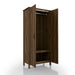Right-angled tall, distressed walnut wardrobe cabinet with two open doors and interior storage on a white background