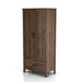 Left-angled tall wardrobe cabinet with one drawer and two doors in a medium distressed walnut finish on a white background
