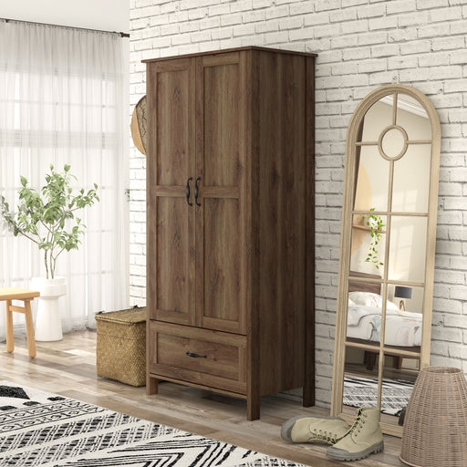 Left-angled tall wardrobe cabinet with one drawer and two doors in a medium distressed walnut finish in a casual bedroom