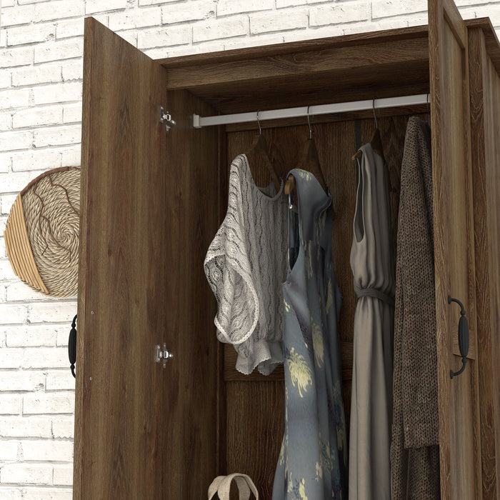 Left-angled close up-angle view tall wardrobe cabinet in a medium distressed walnut finish with two doors open with clothing rod detail in a casual bedroom
