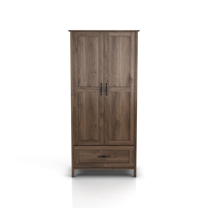 Front-facing tall wardrobe cabinet with one drawer and two doors in a medium distressed walnut finish on a white background