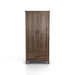 Front-facing tall wardrobe cabinet with one drawer and two doors in a medium distressed walnut finish on a white background