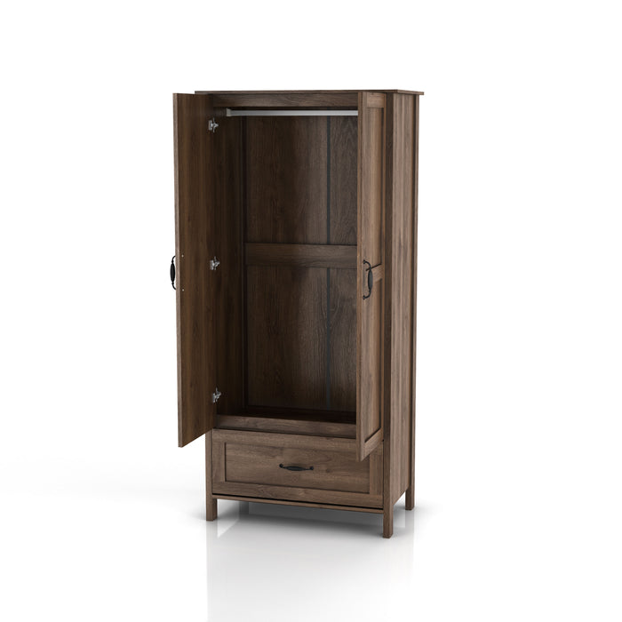 Left-angled tall wardrobe cabinet with one drawer and two open doors in a medium distressed walnut finish on a white background